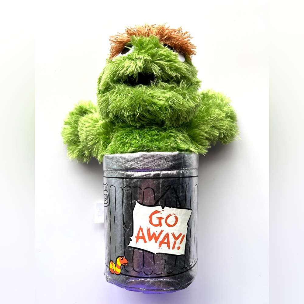 Oscar the Grouch plush toy with Silver Trash Can